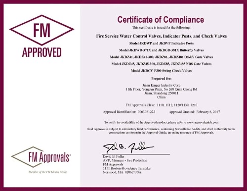 FM for Fire Service Water Control Valves, Indicator Posts, and Check Valves