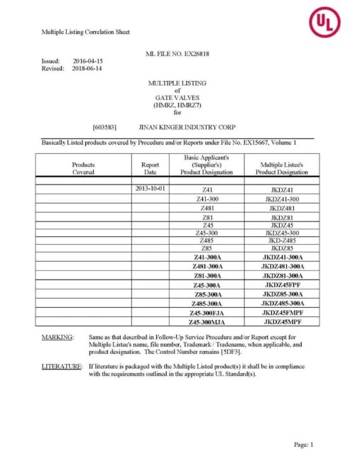 UL for Gate Valves